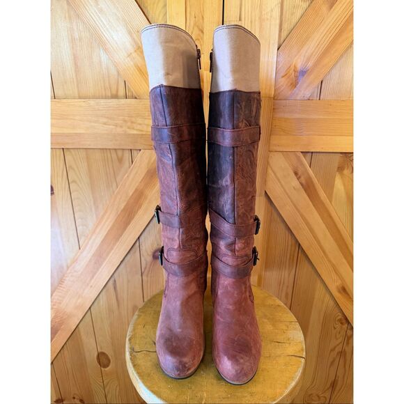 CATERPILLAR CAT Shoes 7.5 Womens Knee High Boots Rust Leather Boho Buckle Zip - Picture 2 of 10